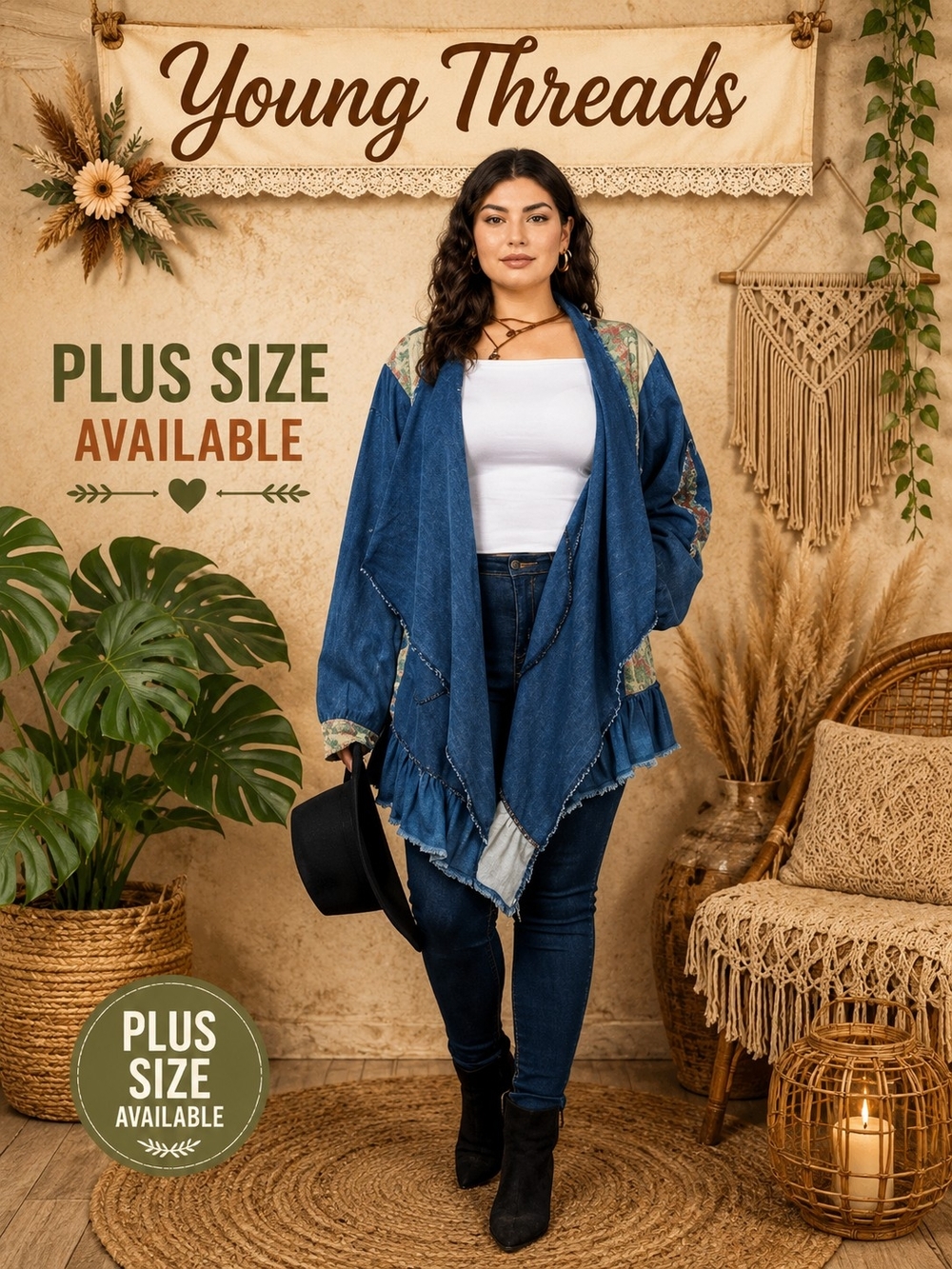 131 Young Threads Plus-Size Denim Blue Draped Jean Jacket